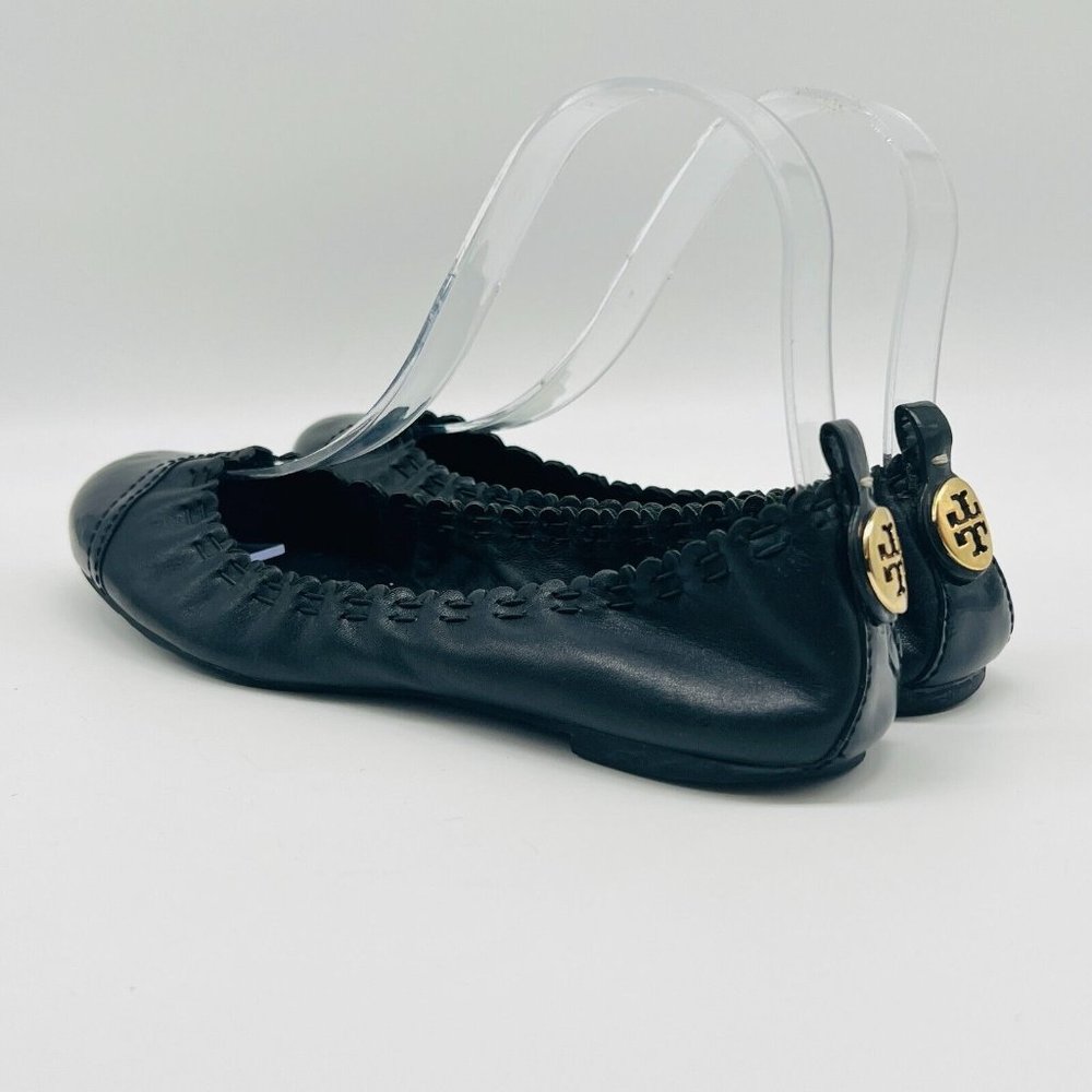 Tory Burch Abbey Flats Womens 7 Black Leather Logo Emblem Ballet Slip On Shoes